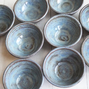 Image of Three Small Rustic Blue Ceramic Pottery Bowls, Kitchen Prep Handcrafted Made in USA