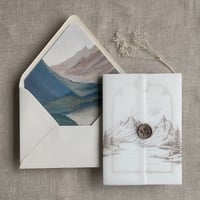 Image 1 of Mountain sketch printed vellum wrap for 5x7 cards PACK of 10