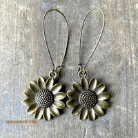 Image 1 of Bronze Sunflower Drop Earrings, Boho Flower Dangle Earrings, Antique Bronze Earrings
