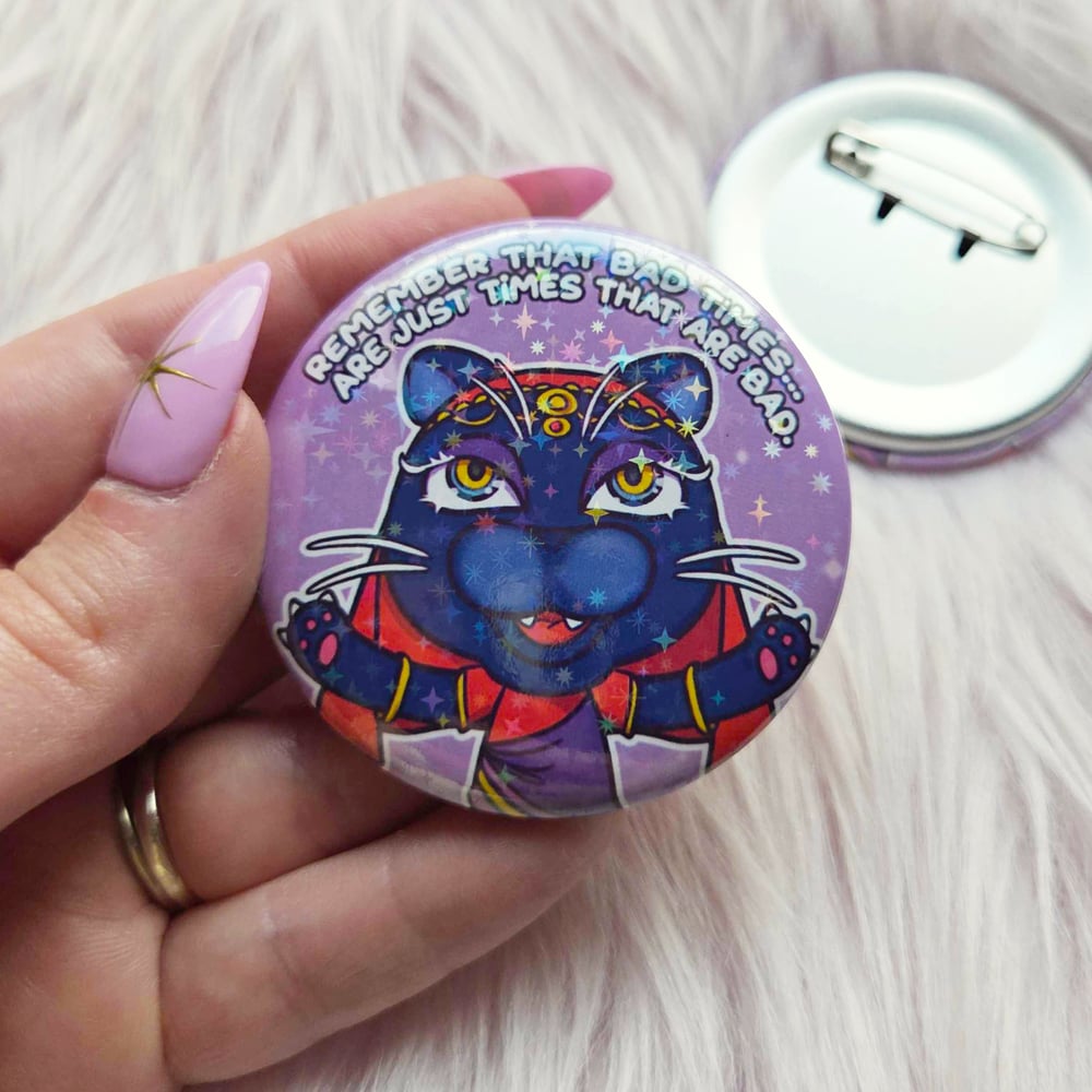 Image of Bad Times Can Badge | Katrina Sparkly Black Cat Fortune Teller Button