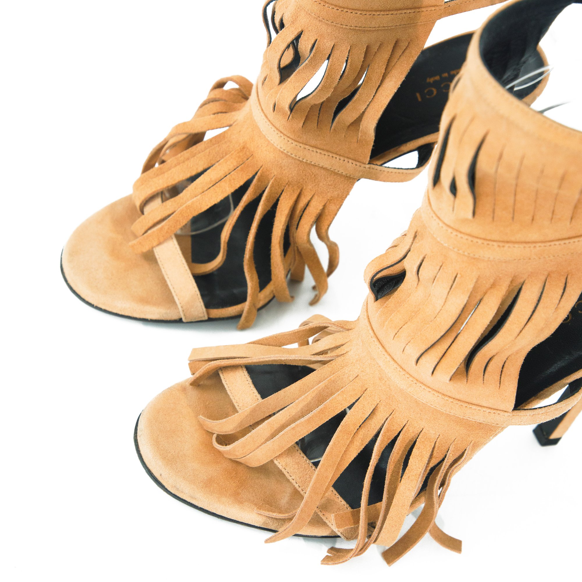 Image of Gucci 2014 Becky Suede Fringe Gladiator Heels