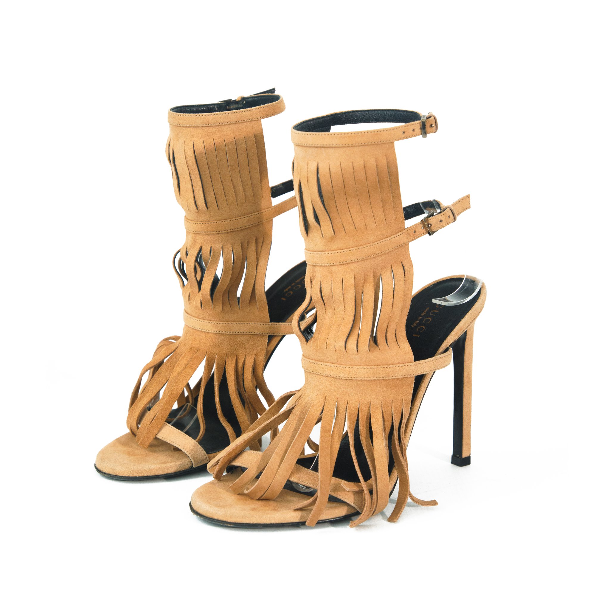 Image of Gucci 2014 Becky Suede Fringe Gladiator Heels
