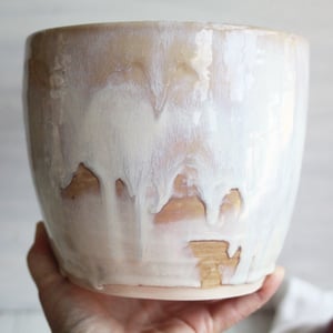 Image of Rustic Utensil Holder in Dripping White and Ocher Glaze, Ceramic Crock Made in USA