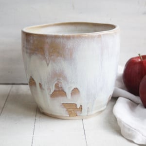 Image of Rustic Utensil Holder in Dripping White and Ocher Glaze, Ceramic Crock Made in USA