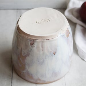 Image of Rustic Utensil Holder in Dripping White and Ocher Glaze, Ceramic Crock Made in USA