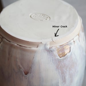 Image of Rustic Utensil Holder in Dripping White and Ocher Glaze, Ceramic Crock Made in USA