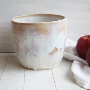 Image of Rustic Utensil Holder in Dripping White and Ocher Glaze, Ceramic Crock Made in USA