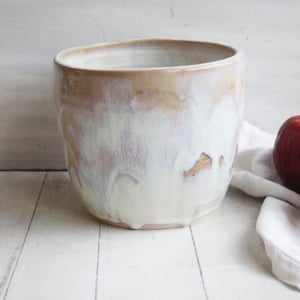 Image of Rustic Utensil Holder in Dripping White and Ocher Glaze, Ceramic Crock Made in USA