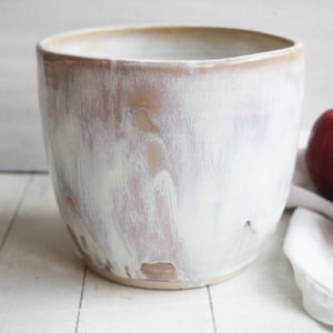 Image of Rustic Utensil Holder in Dripping White and Ocher Glaze, Ceramic Crock Made in USA