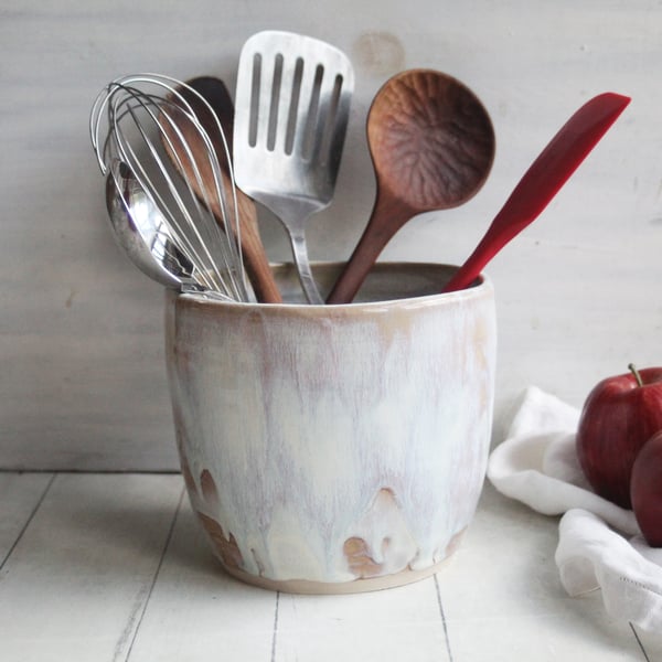 Image of Rustic Utensil Holder in Dripping White and Ocher Glaze, Ceramic Crock Made in USA