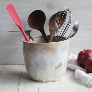 Image of Rustic Utensil Holder in Dripping White and Ocher Glaze, Ceramic Crock Made in USA