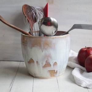 Image of Rustic Utensil Holder in Dripping White and Ocher Glaze, Ceramic Crock Made in USA