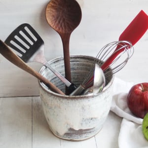 Image of Gorgeous Rustic Utensil Holder in Speckled Brown Clay and Toasted Marshmallow Glaze, Made in USA 