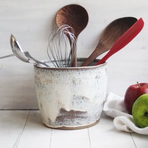 Image of Gorgeous Rustic Utensil Holder in Speckled Brown Clay and Toasted Marshmallow Glaze, Made in USA 