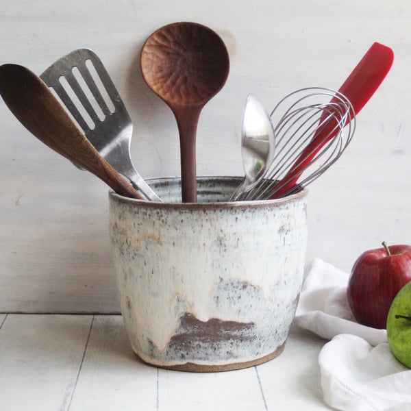 Image of Gorgeous Rustic Utensil Holder in Speckled Brown Clay and Toasted Marshmallow Glaze, Made in USA 