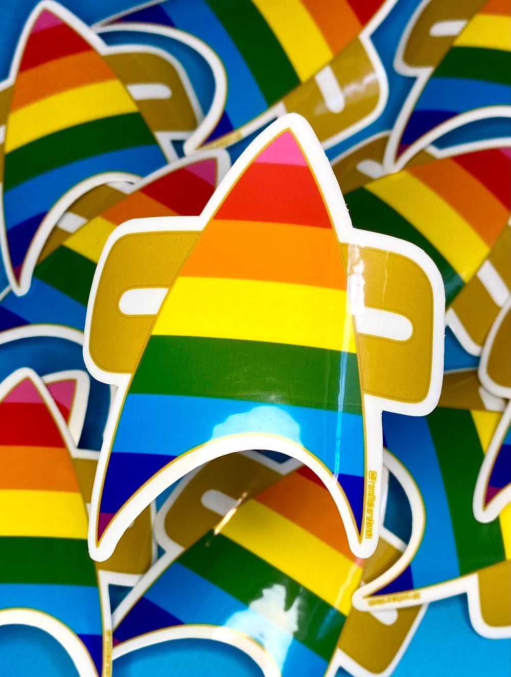 Image of Gilbert Baker Pride Combadge Sticker, Star Trek, Voyager, DS9, Sticker