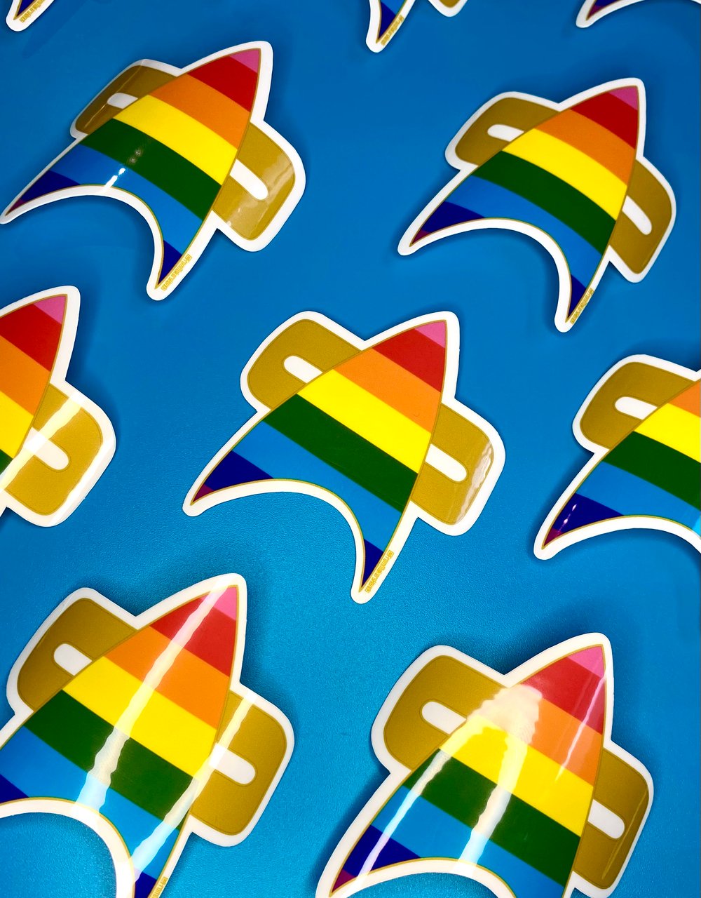 Image of Gilbert Baker Pride Combadge Sticker, Star Trek, Voyager, DS9, Sticker