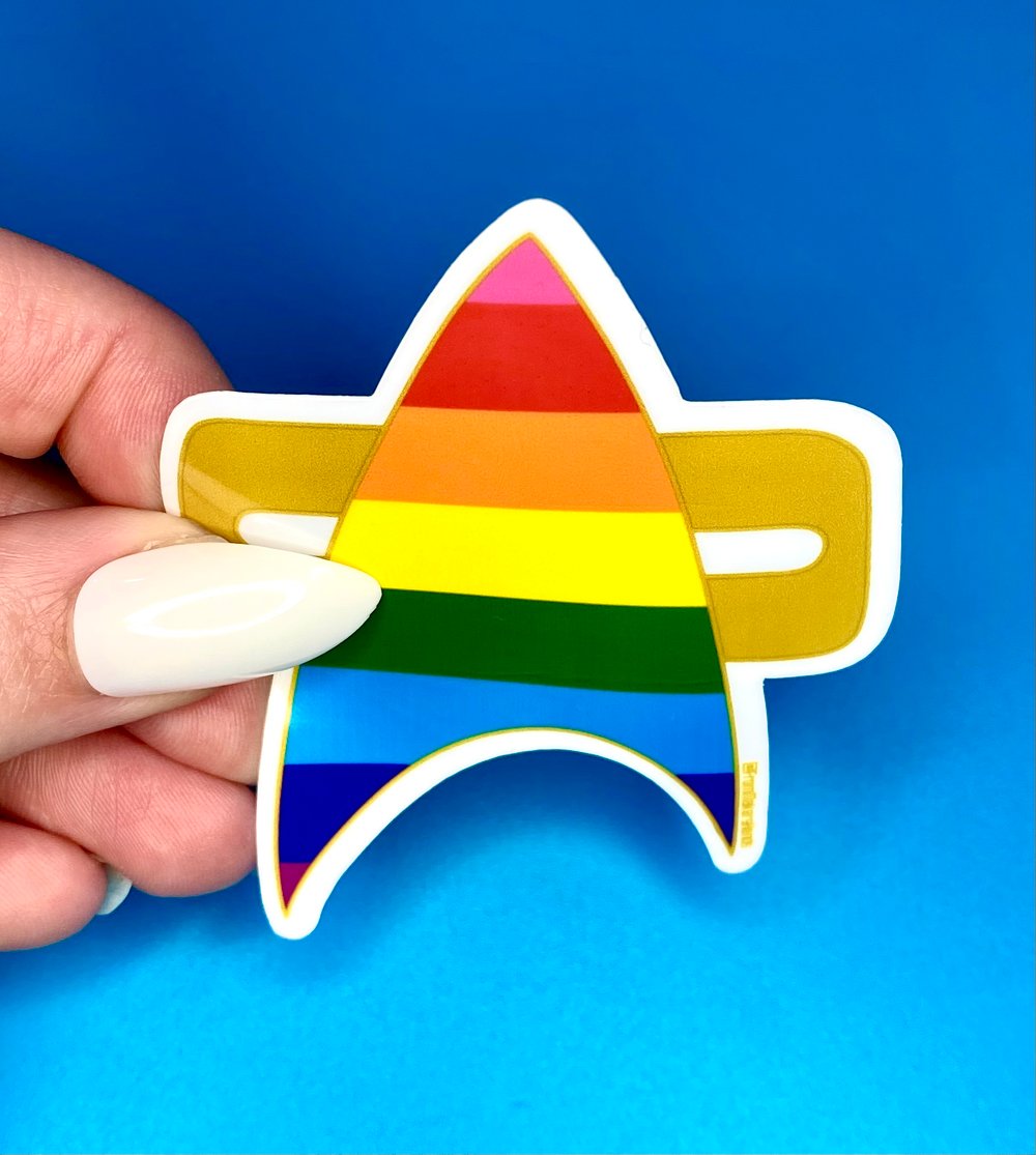 Image of Gilbert Baker Pride Combadge Sticker, Star Trek, Voyager, DS9, Sticker