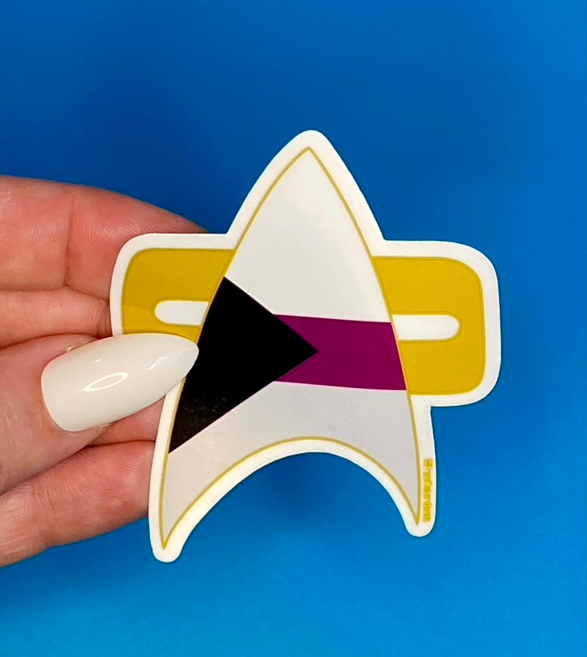 Image of Demi Pride Com Badge Sticker, Pride, LGBTQIA+, Star Trek Voyager, DS9