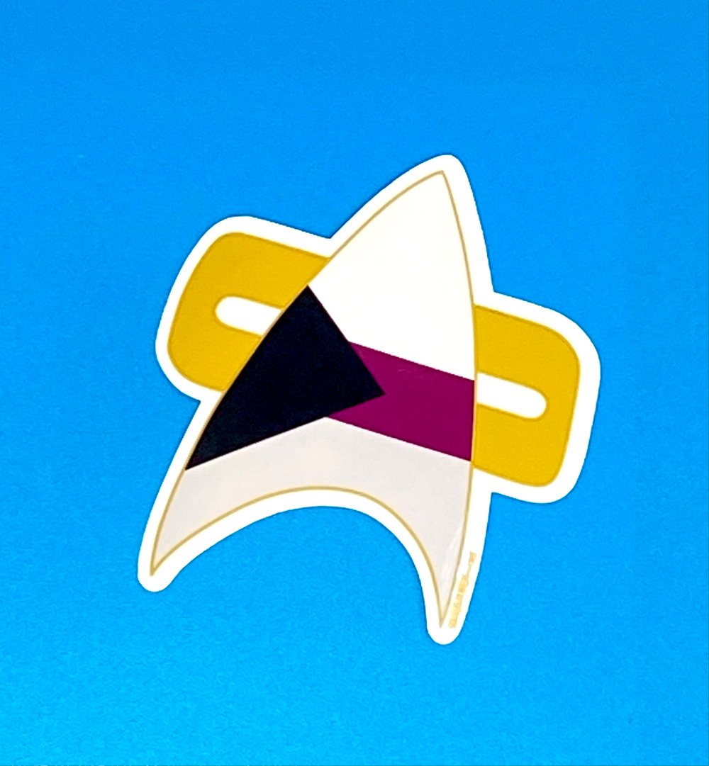Image of Demi Pride Com Badge Sticker, Pride, LGBTQIA+, Star Trek Voyager, DS9