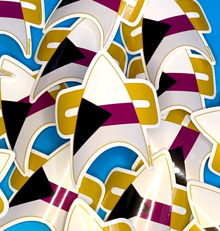 Image of Demi Pride Com Badge Sticker, Pride, LGBTQIA+, Star Trek Voyager, DS9