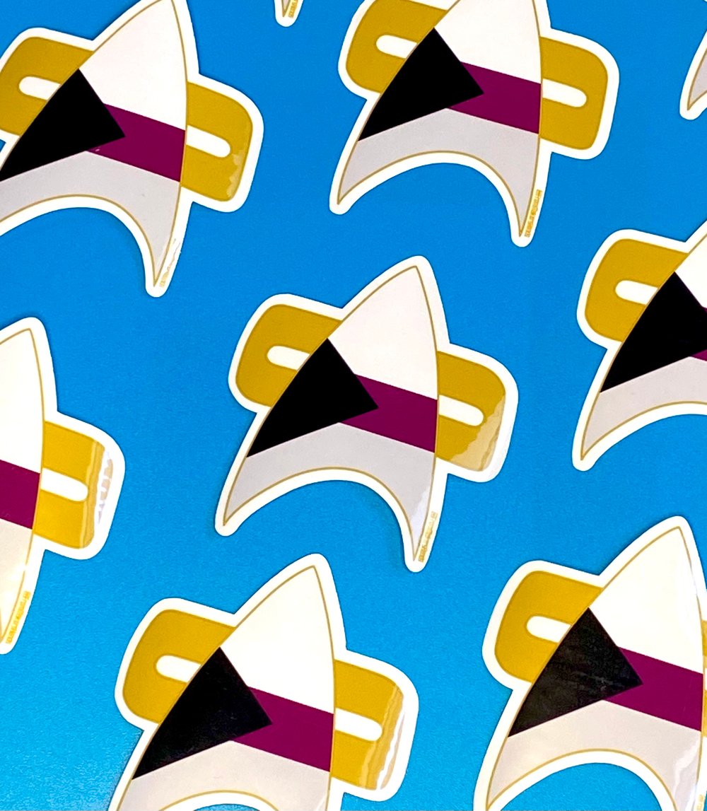 Image of Demi Pride Com Badge Sticker, Pride, LGBTQIA+, Star Trek Voyager, DS9