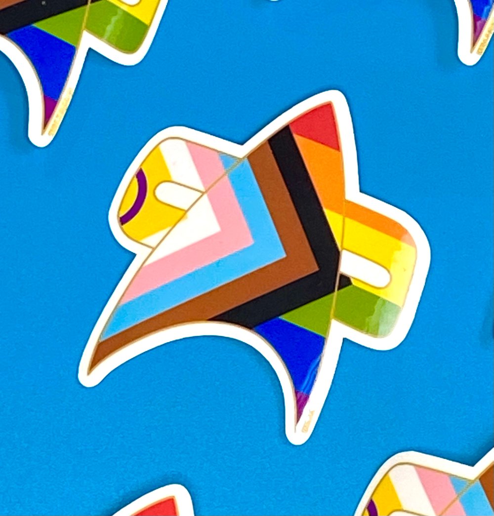 Image of New Progress Pride Com Badge Sticker, Pride, LGBTQIA+, Star Trek Voyager, DS9