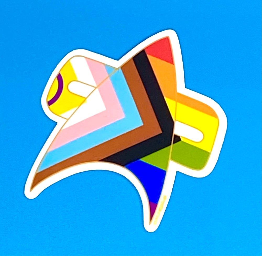 Image of New Progress Pride Com Badge Sticker, Pride, LGBTQIA+, Star Trek Voyager, DS9