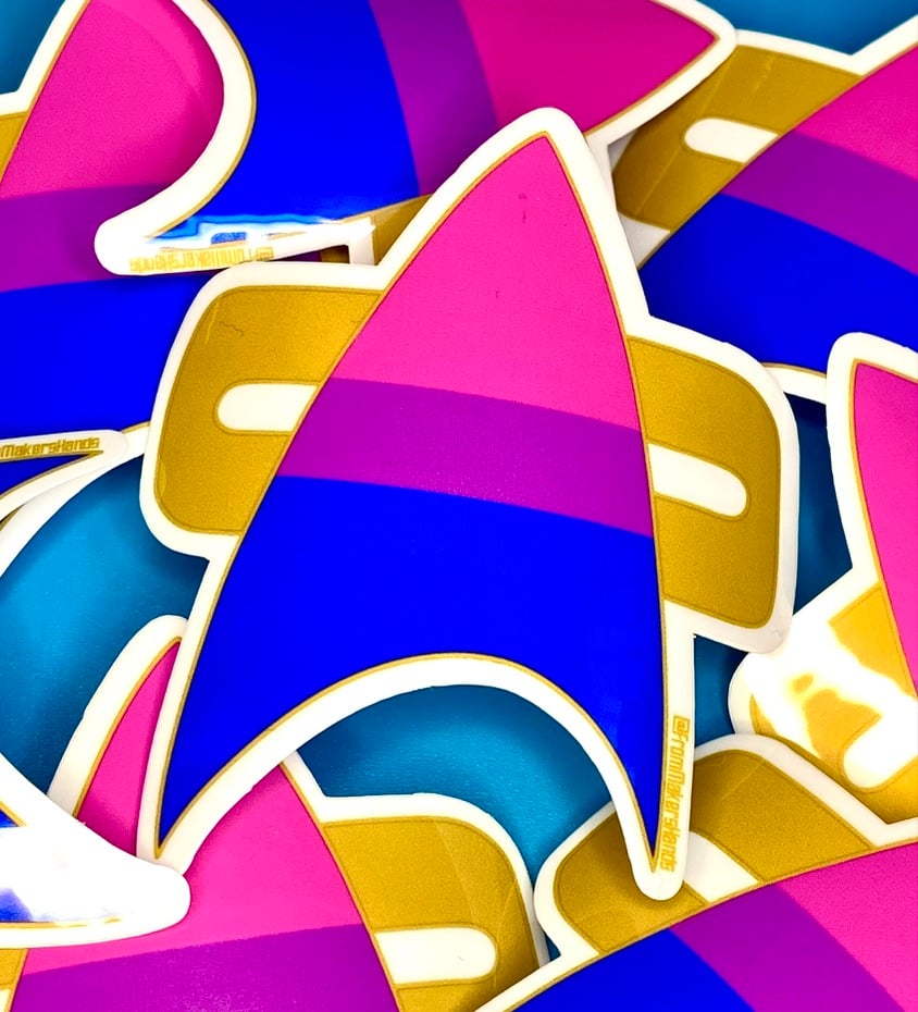 Image of Bi Pride Com Badge Sticker, Pride, LGBTQIA+, Star Trek Voyager, DS9