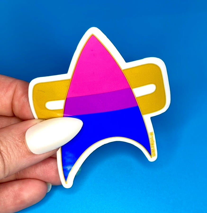 Image of Bi Pride Com Badge Sticker, Pride, LGBTQIA+, Star Trek Voyager, DS9
