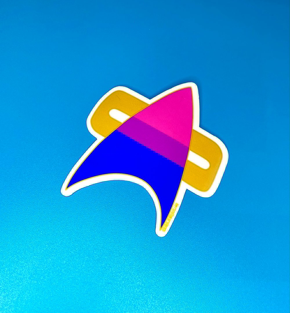 Image of Bi Pride Com Badge Sticker, Pride, LGBTQIA+, Star Trek Voyager, DS9