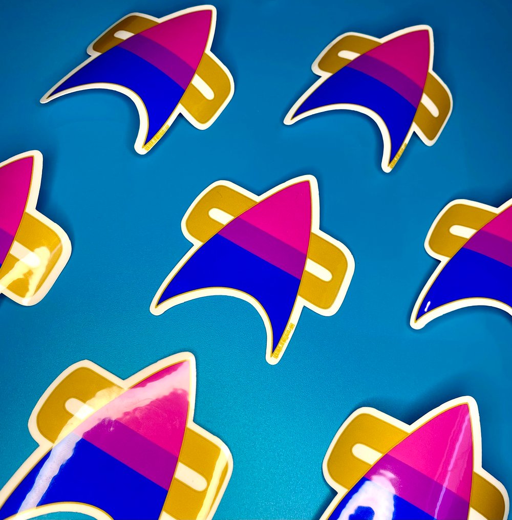 Image of Bi Pride Com Badge Sticker, Pride, LGBTQIA+, Star Trek Voyager, DS9
