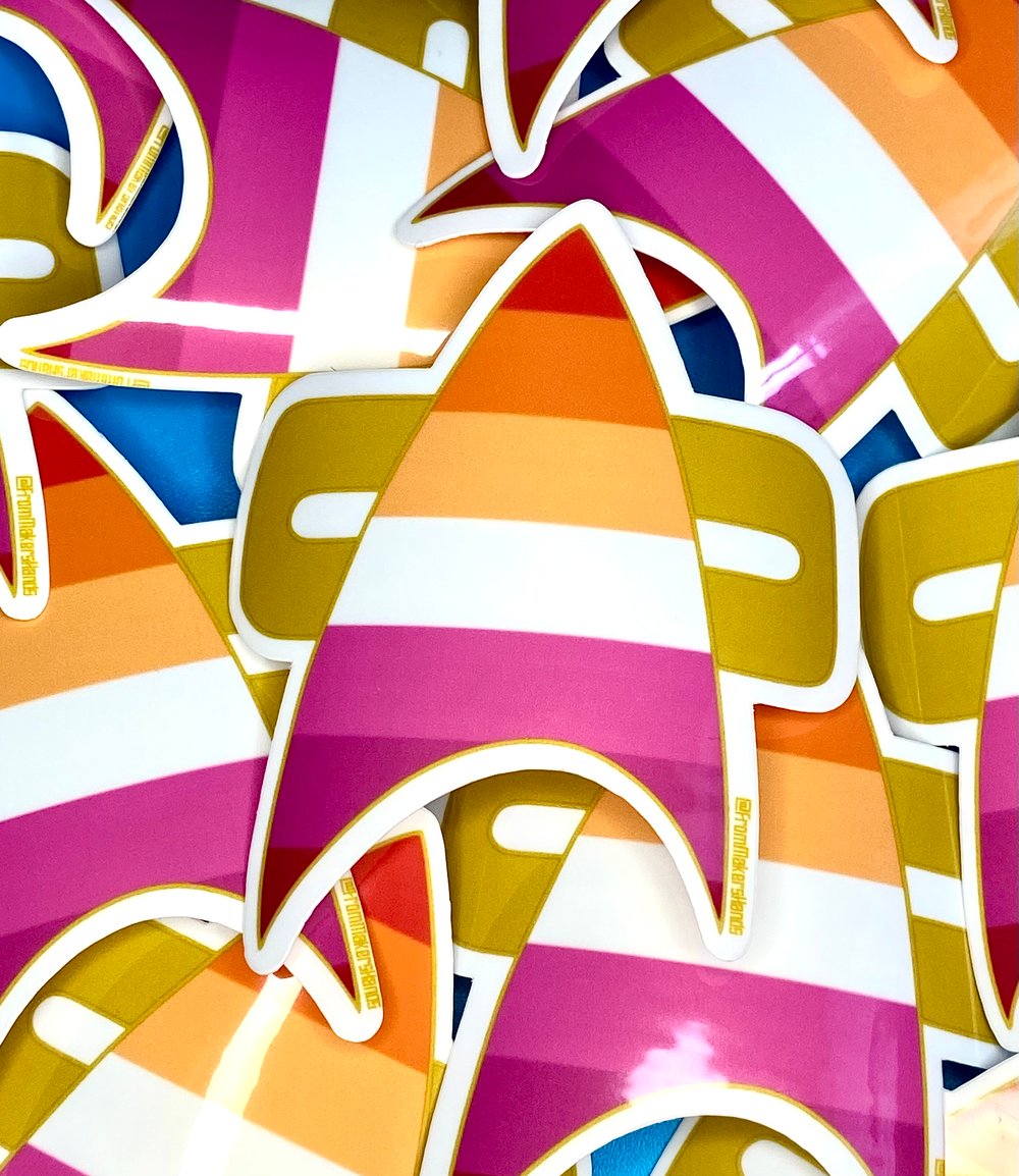 Image of Lesbian Pride Com Badge Sticker, Pride, LGBTQIA+, Star Trek Voyager, DS9