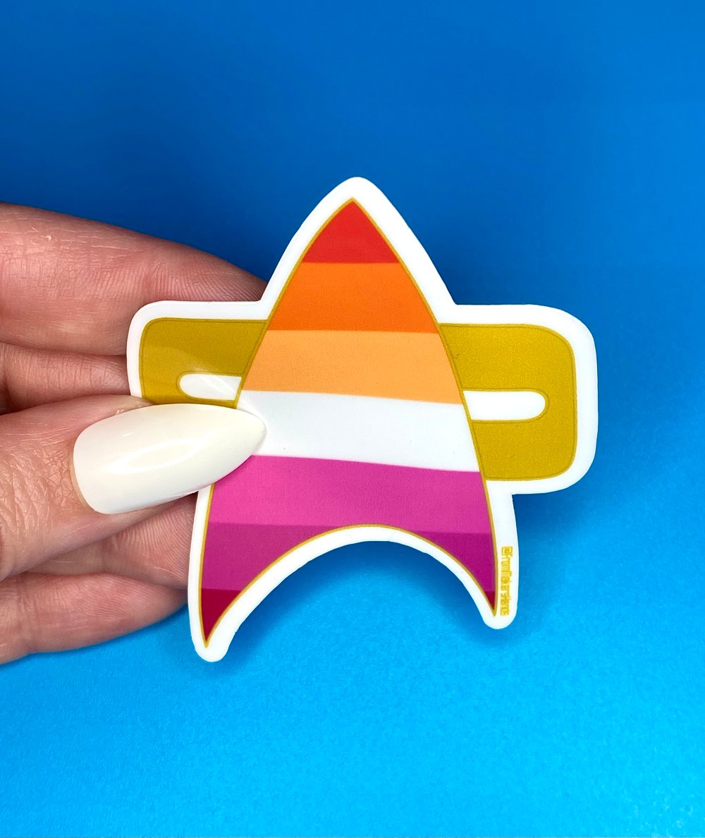 Image of Lesbian Pride Com Badge Sticker, Pride, LGBTQIA+, Star Trek Voyager, DS9