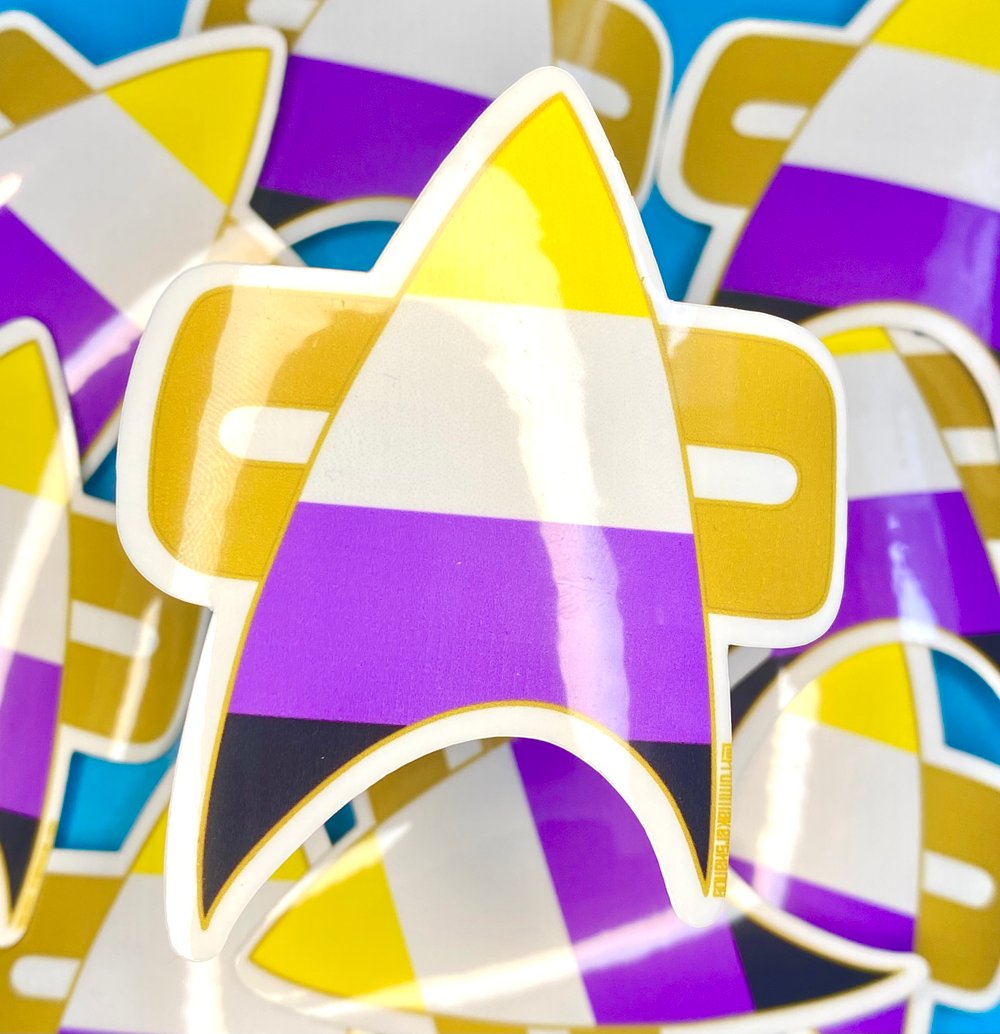Image of Non Binary Com Badge Sticker, Pride, LGBTQIA+, Star Trek Voyager, DS9