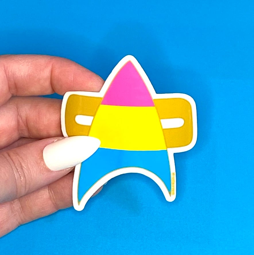 Image of Pansexual Pride Com Badge Sticker, Pride, LGBTQIA+, Star Trek Voyager, DS9