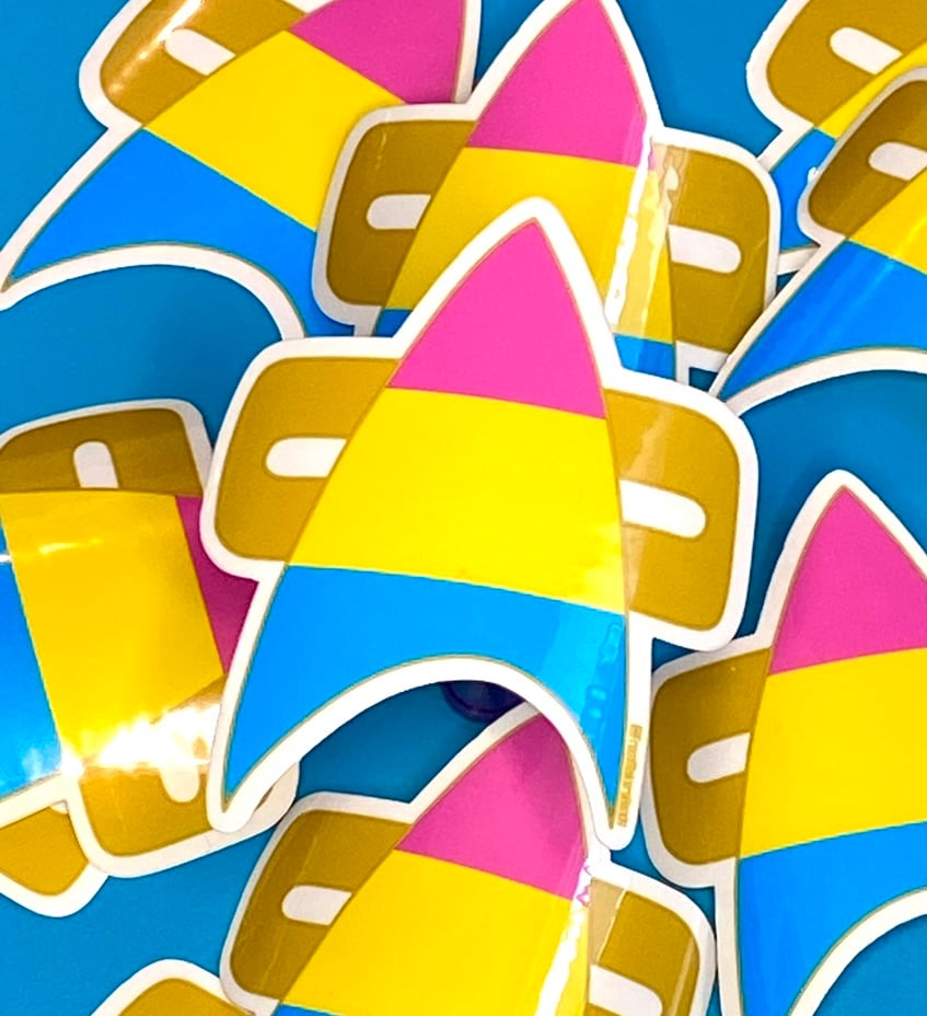 Image of Pansexual Pride Com Badge Sticker, Pride, LGBTQIA+, Star Trek Voyager, DS9
