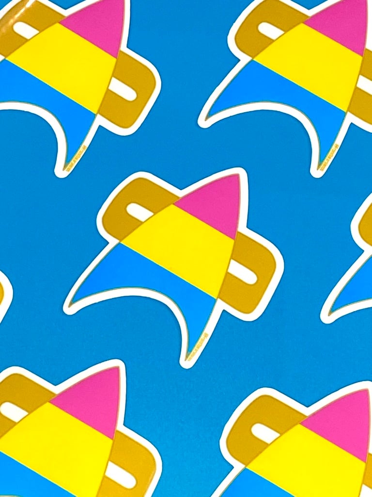 Image of Pansexual Pride Com Badge Sticker, Pride, LGBTQIA+, Star Trek Voyager, DS9