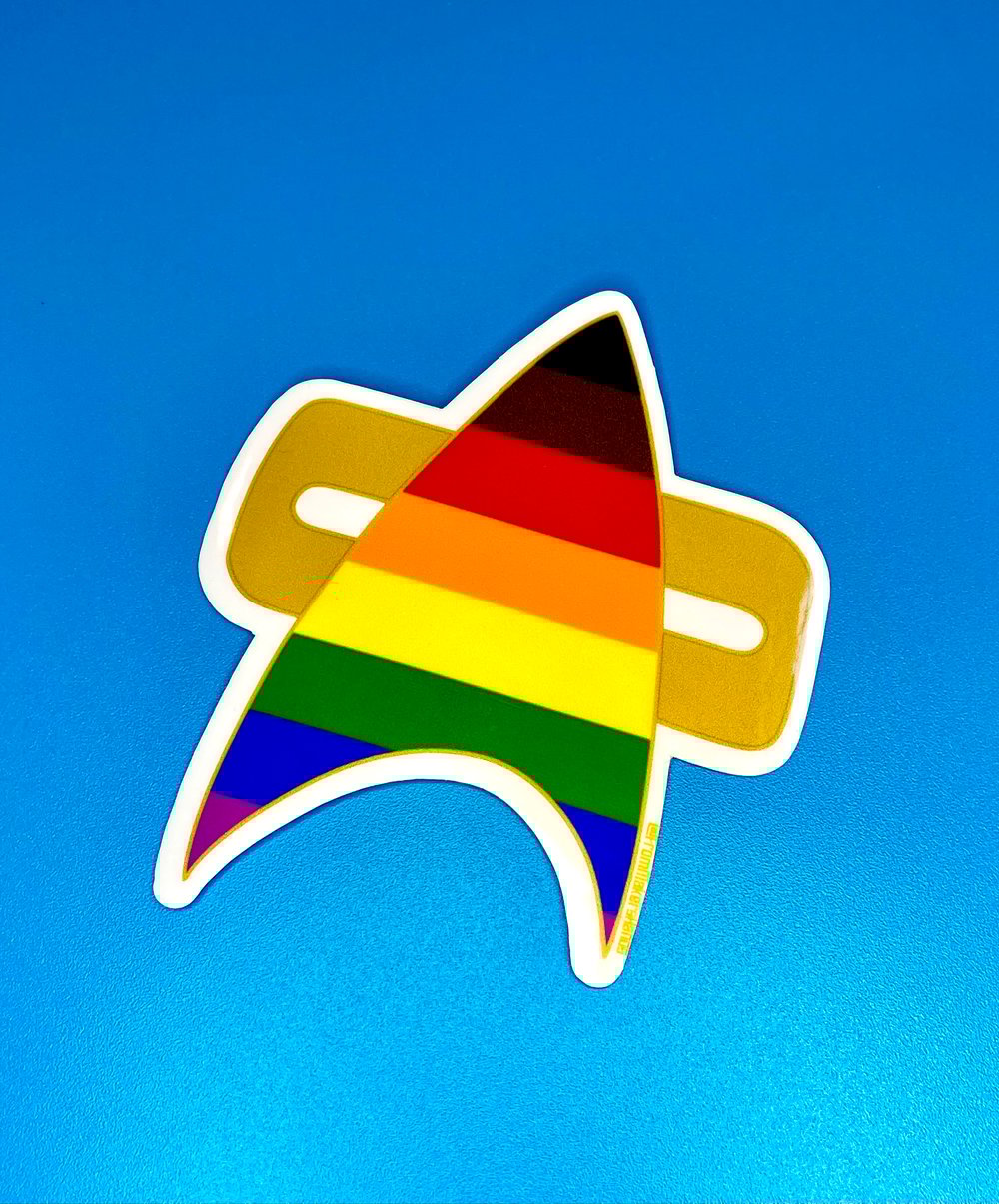 Image of Philly Pride Com Badge Sticker, Pride, LGBTQIA+, Star Trek Voyager, DS9