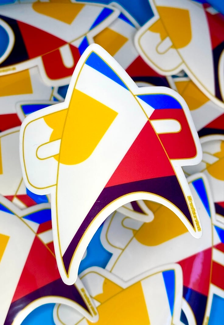 Image of Polyamourous Com Badge Sticker, Pride, LGBTQIA+, Star Trek Voyager, DS9