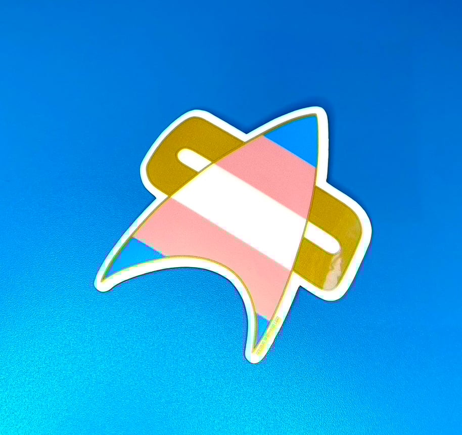 Image of Trans Pride Com Badge Sticker, Pride, LGBTQIA+, Star Trek Voyager, DS9