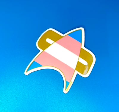 Image of Trans Pride Com Badge Sticker, Pride, LGBTQIA+, Star Trek Voyager, DS9