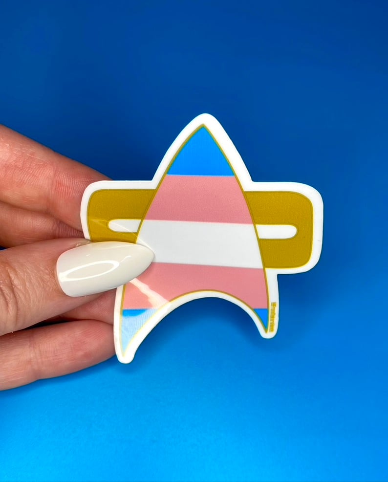 Image of Trans Pride Com Badge Sticker, Pride, LGBTQIA+, Star Trek Voyager, DS9