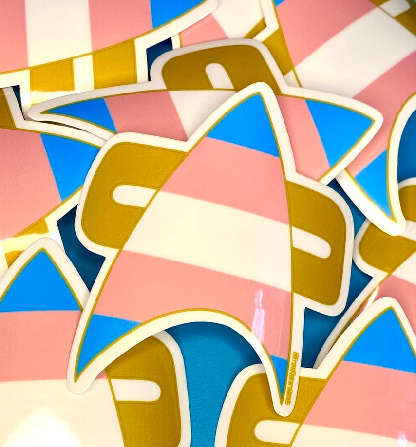 Image of Trans Pride Com Badge Sticker, Pride, LGBTQIA+, Star Trek Voyager, DS9