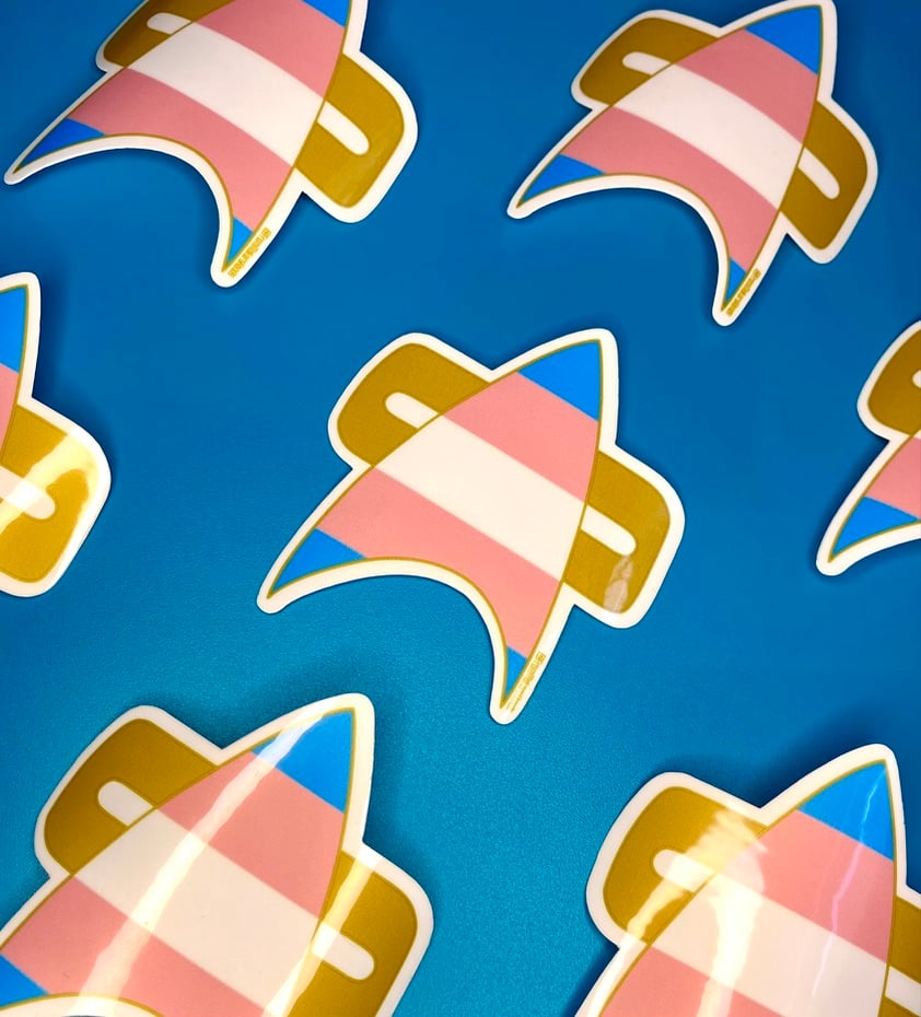 Image of Trans Pride Com Badge Sticker, Pride, LGBTQIA+, Star Trek Voyager, DS9