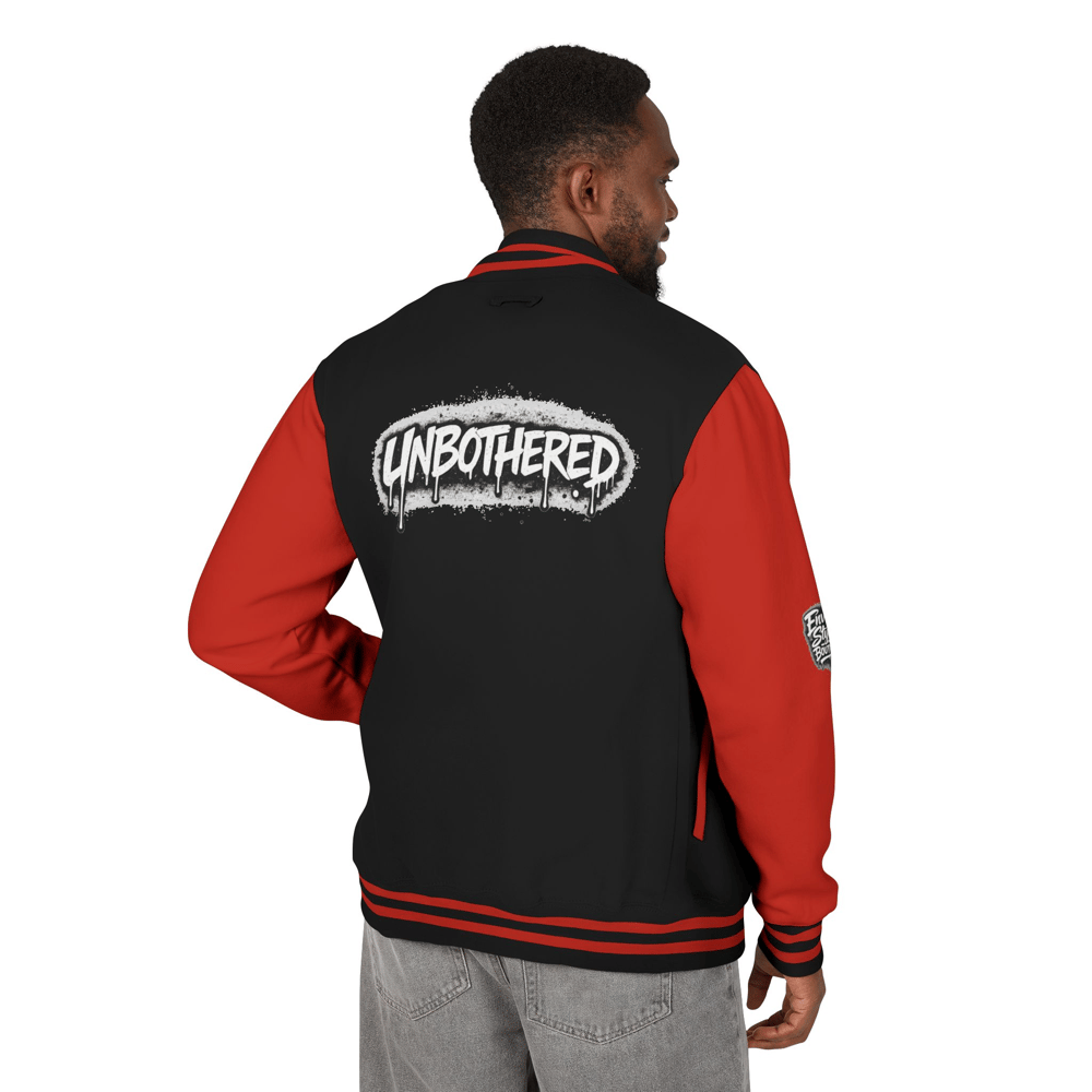 Image of Unisex Unbothered Letterman Jacket – Retro Varsity Bomber with 'Unbothered' Graffiti Design