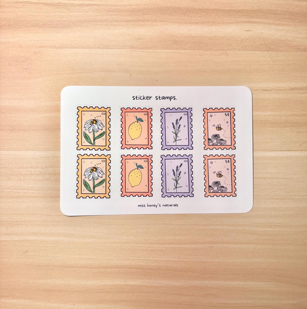 Image of Cottagecore Postage Stamp Sticker Sheet (8 stickers)