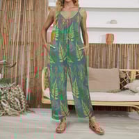 Image 1 of Women's Green Fern Print- Pleated Cami, Pocket Wide Leg Jumper- 