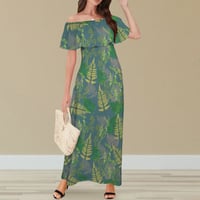 Image 3 of Women's Green Fern Print- Off-the-Shoulder Ruffled Maxi Dress