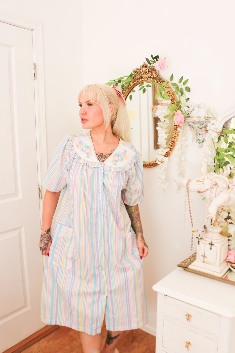 Vintage 1980s SimplyBasic Pastel Button Up Housecoat (Small)
